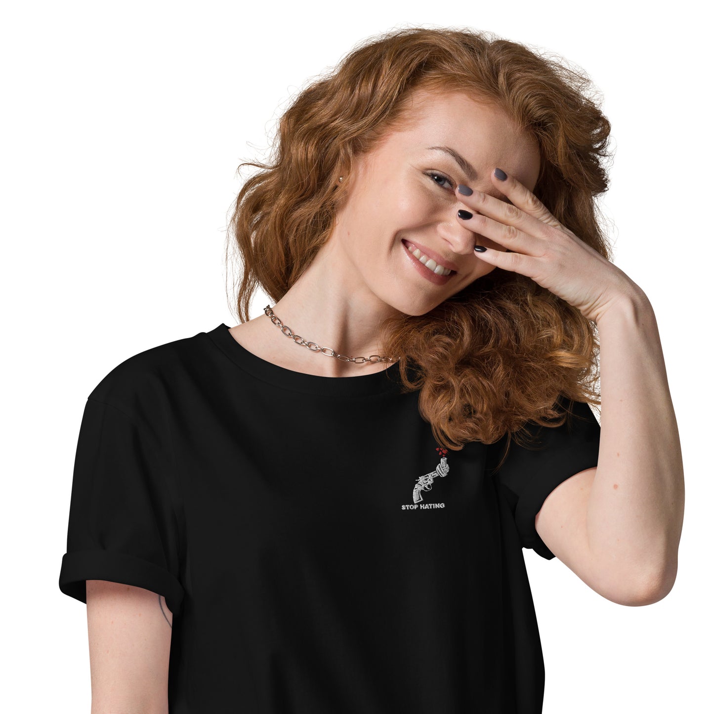 Unisex-Bio-Baumwoll-T-Shirt STOP HATING - gestickt